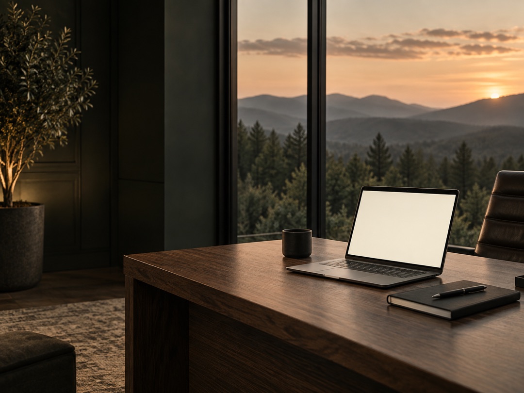 A laptop and notebook on a wide desk in a modern hillside office, floor-to-ceiling glass looking out over forested mountains at sunrise.
